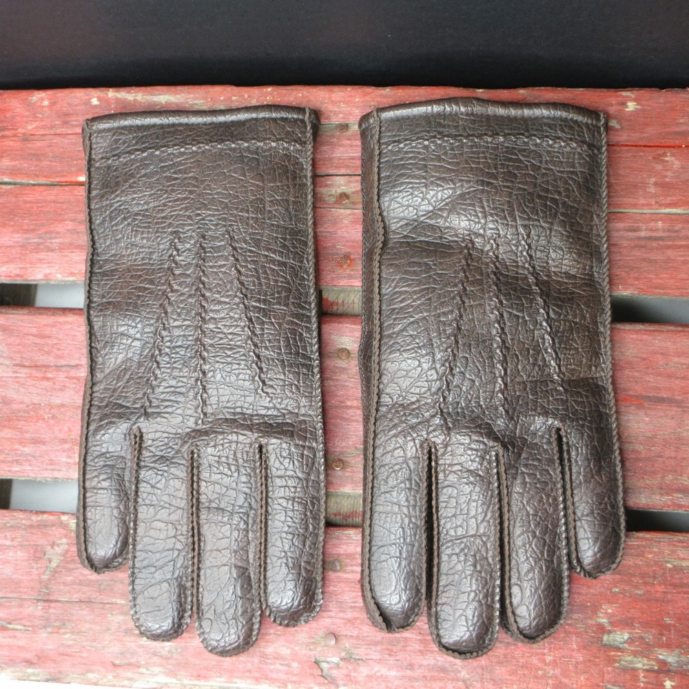 VTG JC Penney Men's Large L 10-1/2 Dark Brown Pebbled Vinyl Gloves Acrylic Lined